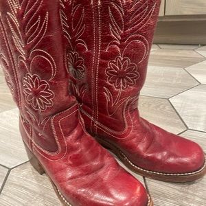FRYE Vintage Campus Red Leather Floral Chunky Cowgirl Western Boots - size 8